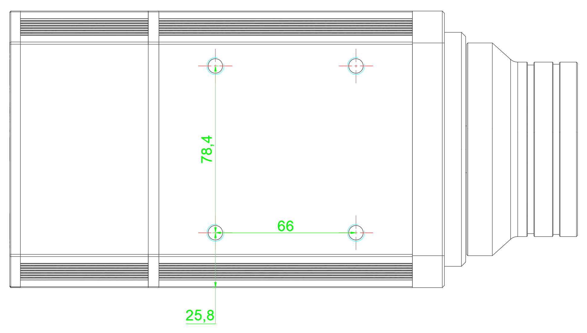 A drawing of a white rectangular object with green and red circles Description automatically generated