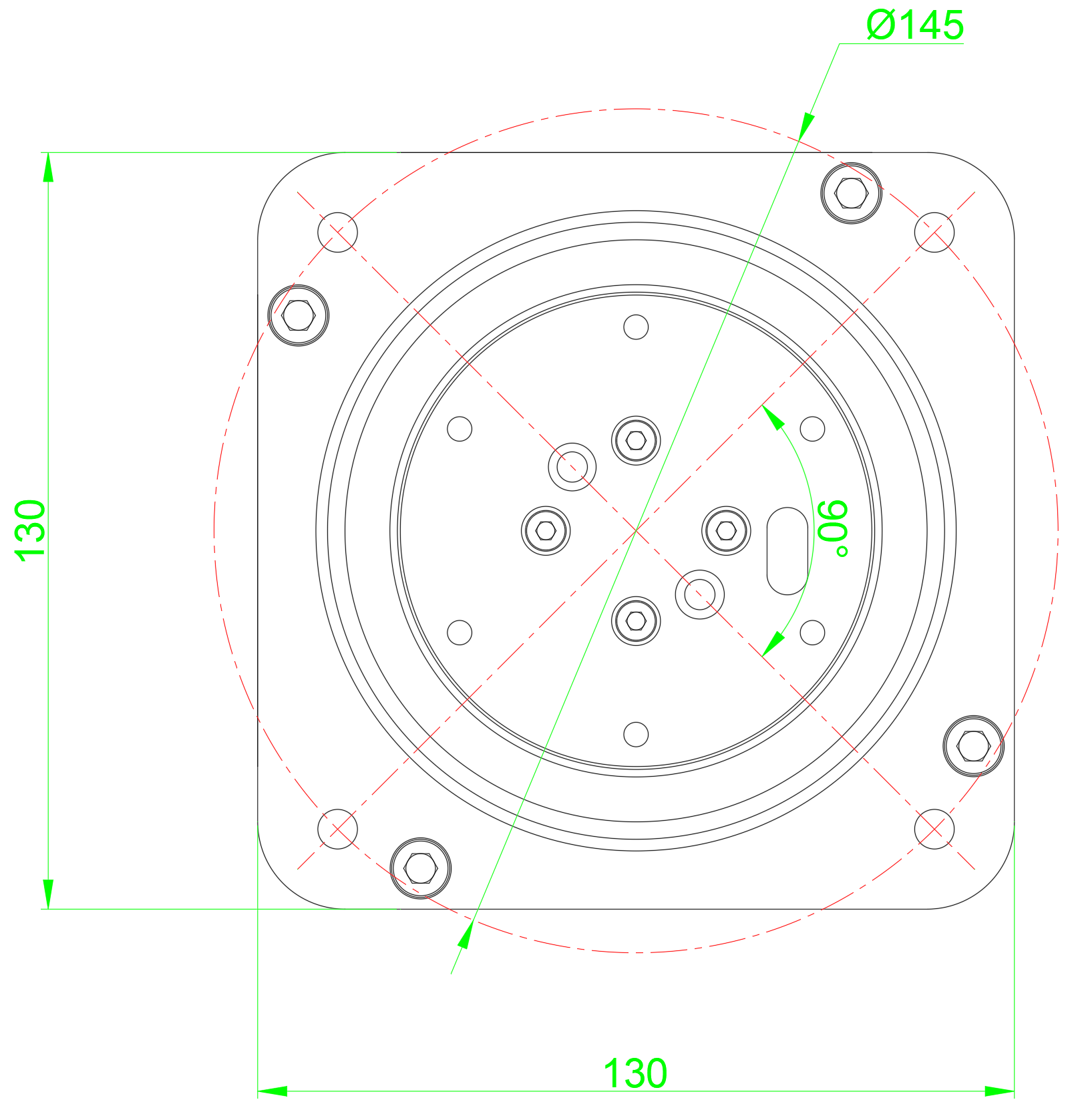 A drawing of a circular object with green lines and red dots Description automatically generated